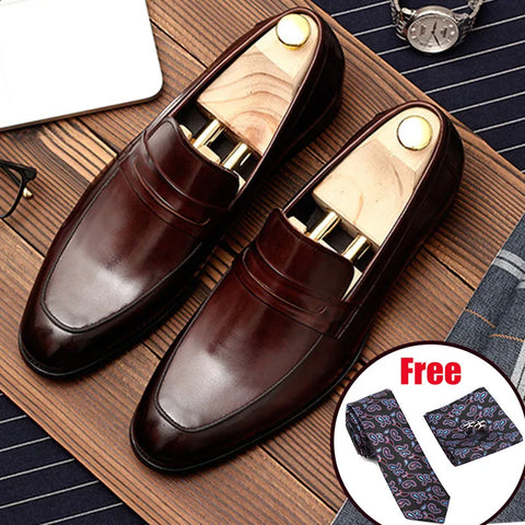 Men Leather Shoes Business Dress Suit Shoes Men Brand Bullock Genuine Leather Black Slipon Wedding Mens Shoes