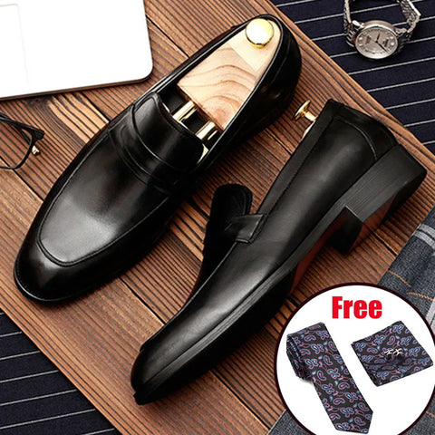 Men Leather Shoes Business Dress Suit Shoes Men Brand Bullock Genuine Leather Black Slipon Wedding Mens Shoes