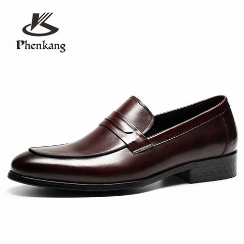 Men Leather Shoes Business Dress Suit Shoes Men Brand Bullock Genuine Leather Black Slipon Wedding Mens Shoes